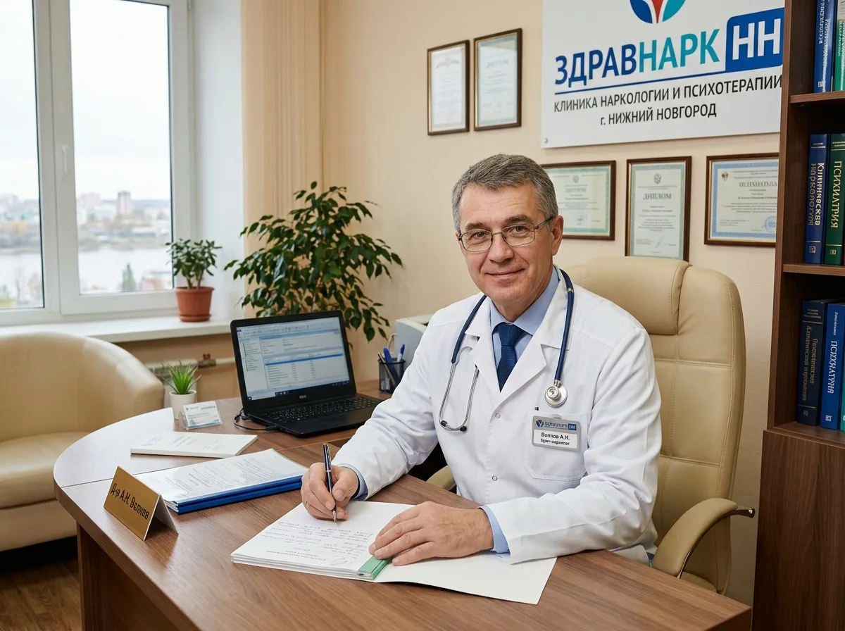Врач-нарколог в белом халате в кабинете клиники ЗдравНарк НН, Нижний Новгород — профессиональный, внимательный взгляд, доверительная атмосфера